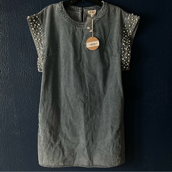 Free people- Bibi Denim Pearl Detail Mini Dress- Womens Size M #510-10 - Picture 5 of 14